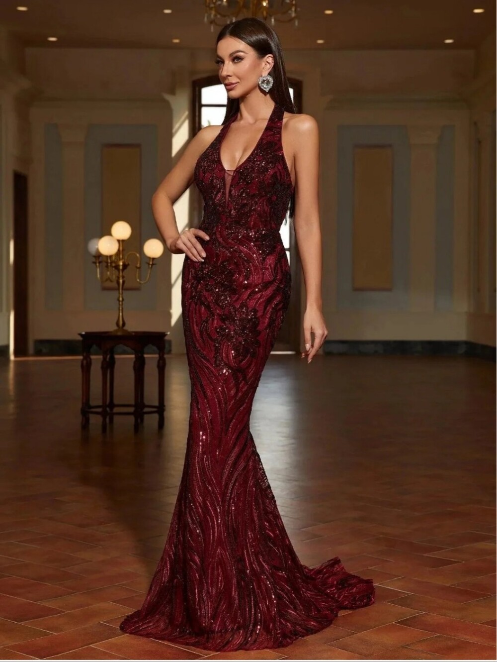 Sleeveless Burgundy Sequin Halter Prom Gown - Picture 14 of 16